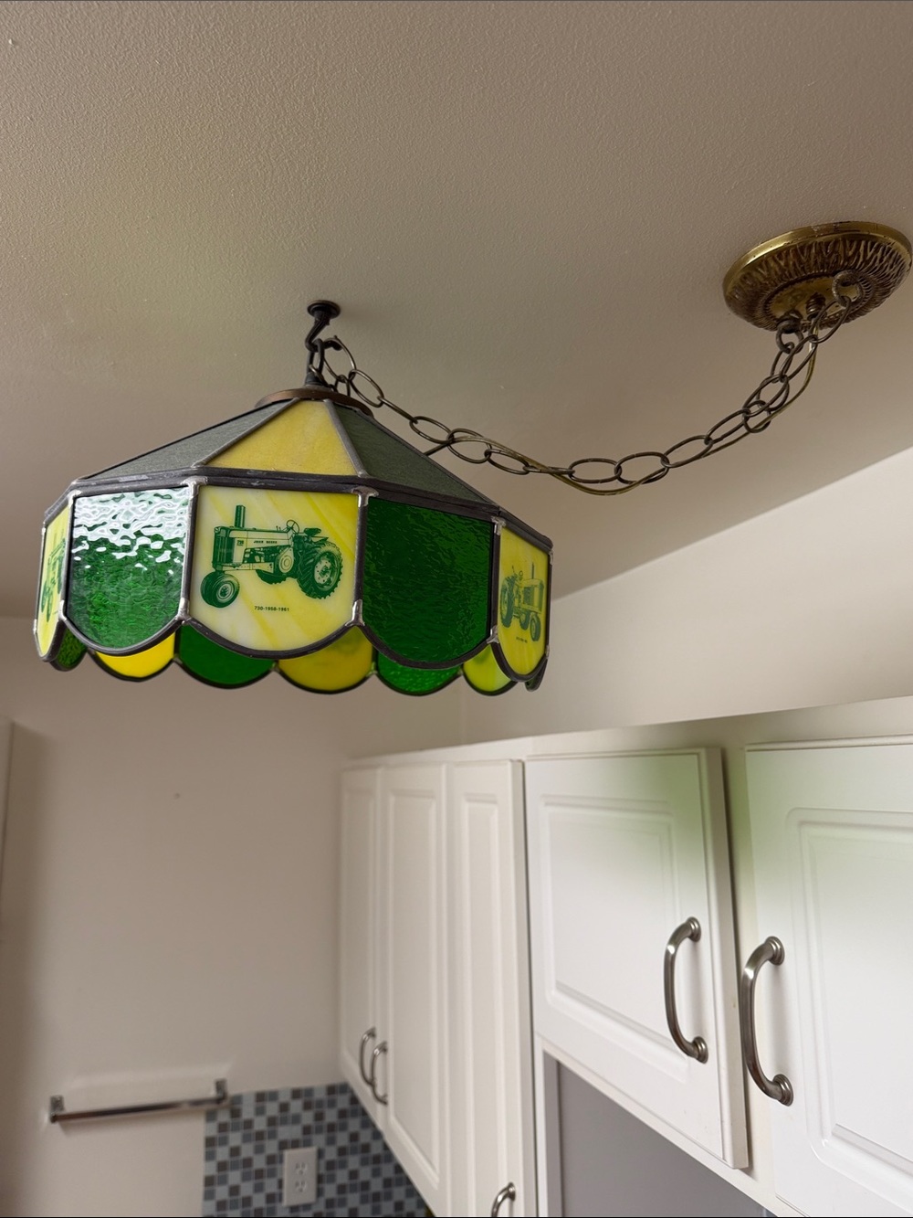 John Deere Yellow and Green Stained Glass Pendant Lamp